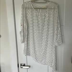 Chico's White and Silver Polka Dot Blouse